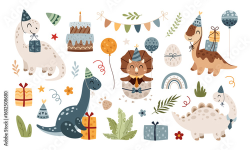 Birthday dinosaur clipart set. Cute cartoon festive characters. Vector illustration