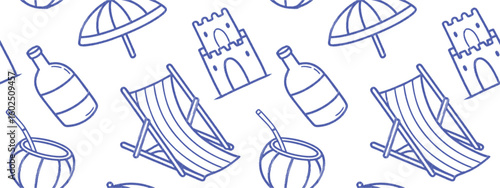 Seamless beach-themed pattern with umbrellas, sandcastles, deck chairs, coconuts, and bottles. Minimal blue line art on white background. Ideal for summer, vacation, and travel designs.