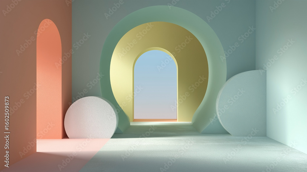 Fototapeta premium A room with a yellow archway and a pink archway