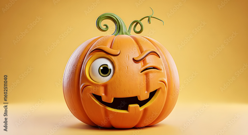 Fototapeta premium Cartoon pumpkin winking with curly vine on yellow background 