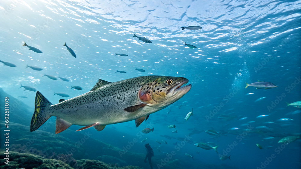 Fototapeta premium Healthy seafood Trout Ocean fish swimming