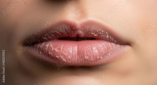 Extreme close up of severely chapped and dry lips condition