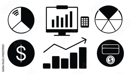 Collection of financial and business growth icons with charts and currency symbols
