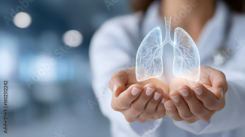 Doctor's hands cupping a softly glowing transparent lungs 