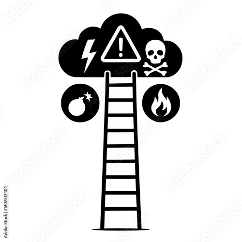 Ladder leading to a danger cloud with warning symbols