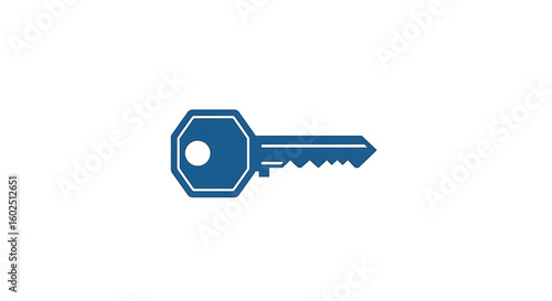 A blue key with an octagonal head and a white circle on a white background in a simple illustration ai genrated