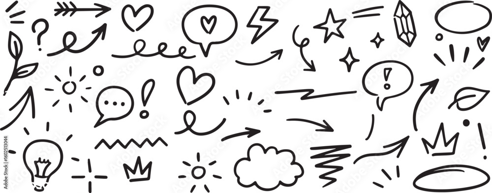 Fototapeta premium Doodle Sketch Icon Set – Heart, Star, Arrow, Cloud, Scribble, Hand-Drawn, Cute, Fun, Symbol, Sketchy, Decorative, Cartoon, Marker, Childlike, Creative