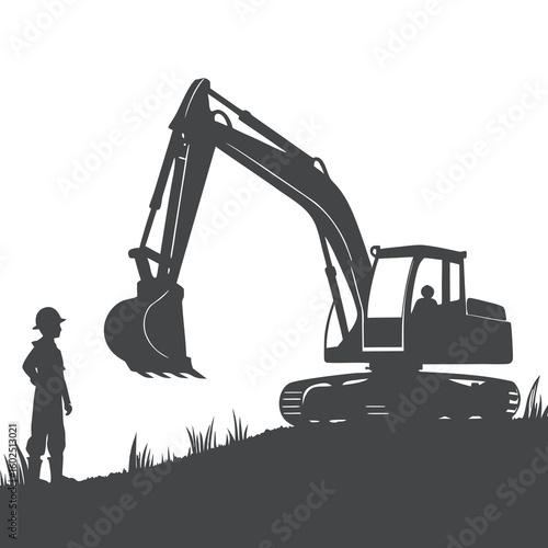 Silhouette of Construction Worker and Excavator on Site
