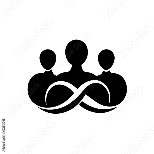 Minimalist silhouette icon of a community of three people intertwined with an infinity symbol, representing eternal connection and unity.