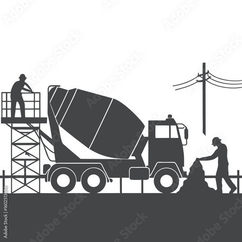 Silhouette of Construction Workers Operating Cement Mixer Truck on Building Site
