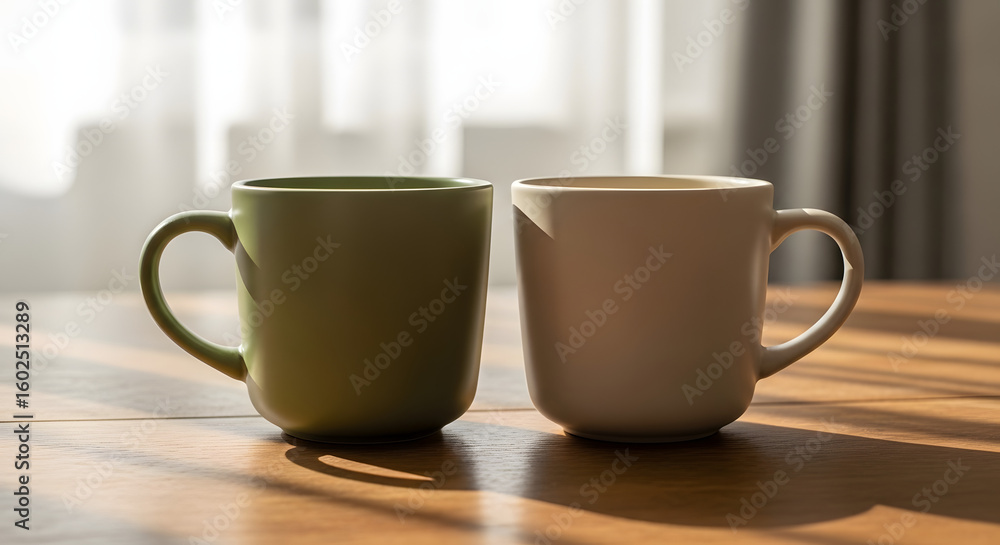 Obraz premium Two coffee cups on a table in soft light, morning beverage, kitchen still life photo