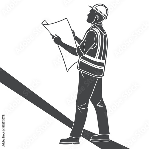 Silhouette of Construction Engineer Holding Blueprint on Job Site
