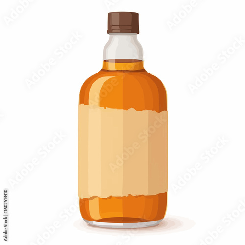 Transparent bottle of amber liquid with blank label  