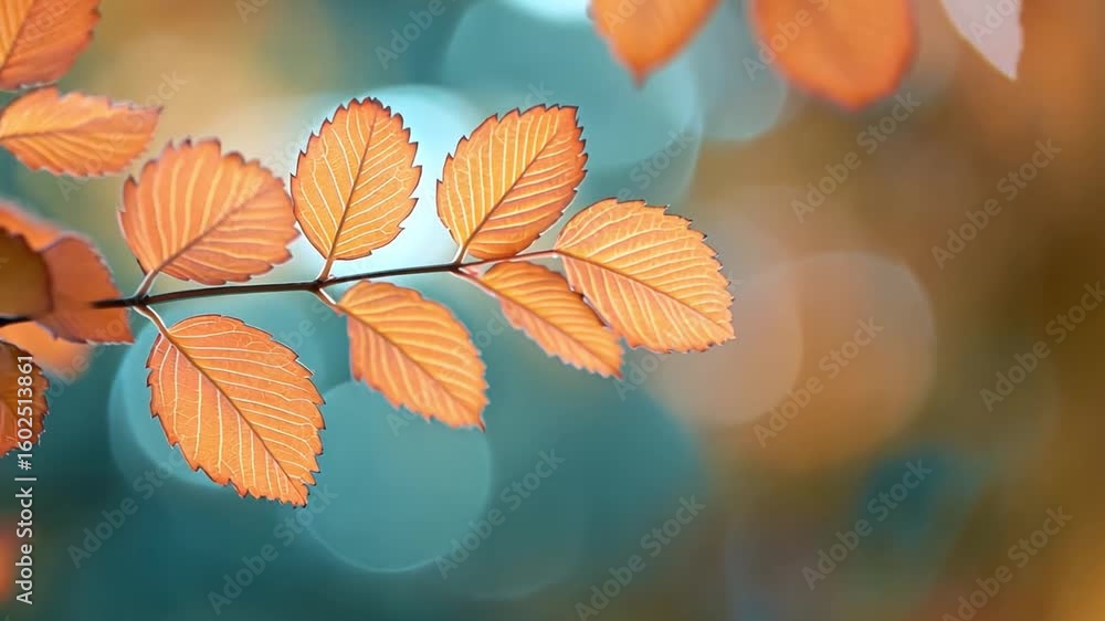 Autumn Leaves: A captivating display of vibrant, golden-orange leaves, delicately poised on a slender branch, illuminated by the soft, blurred bokeh of a tranquil setting.