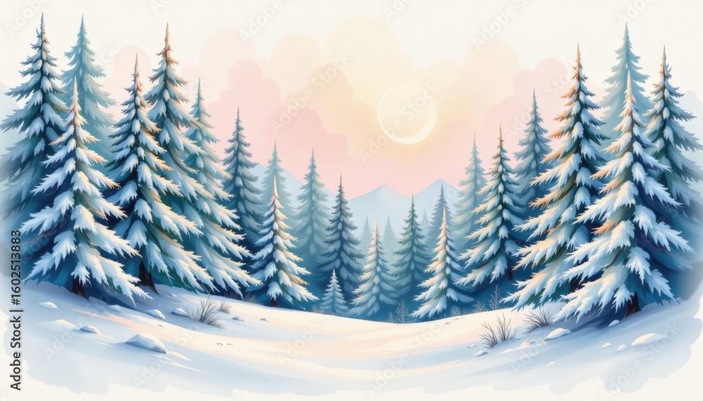 Obraz premium Snowy Pine Forest Dawn Watercolor Hues