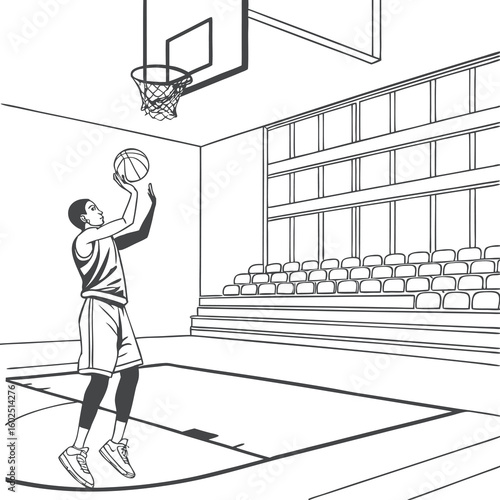 Basketball Player Shooting Ball in Indoor Court with Empty Bleachers – Line Art Vector
