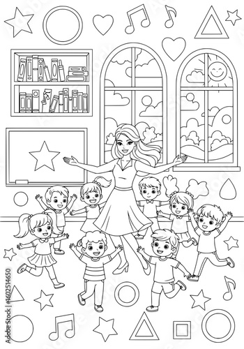 A kindergarten teacher dances with children. coloring book