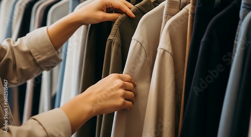 Female hands carefully browsing through a clothing rack, selecting a new shirt in a fashion store or showroom.