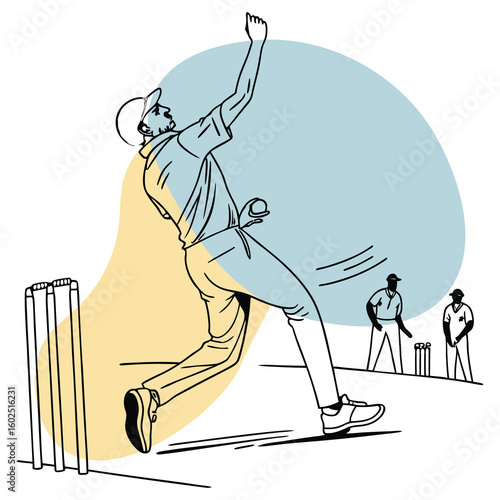 Minimal Line Art of Cricket Bowler in Action with Teammates and Stumps on Abstract Background
