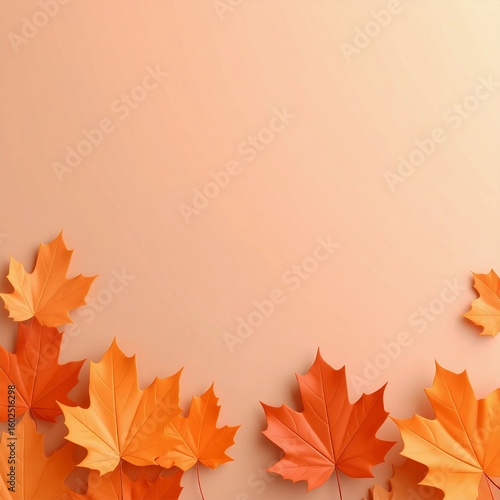 Minimalist autumn background with soft orange gradient and scattered maple leaves, perfect for seasonal designs, invitations, social media, and warm fall-themed projects.