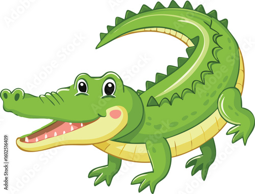 Cartoon illustration of a friendly green crocodile with an open mouth.