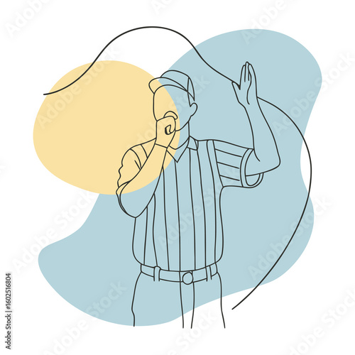 Minimalist Line Art of Referee Blowing Whistle with Raised Arm
