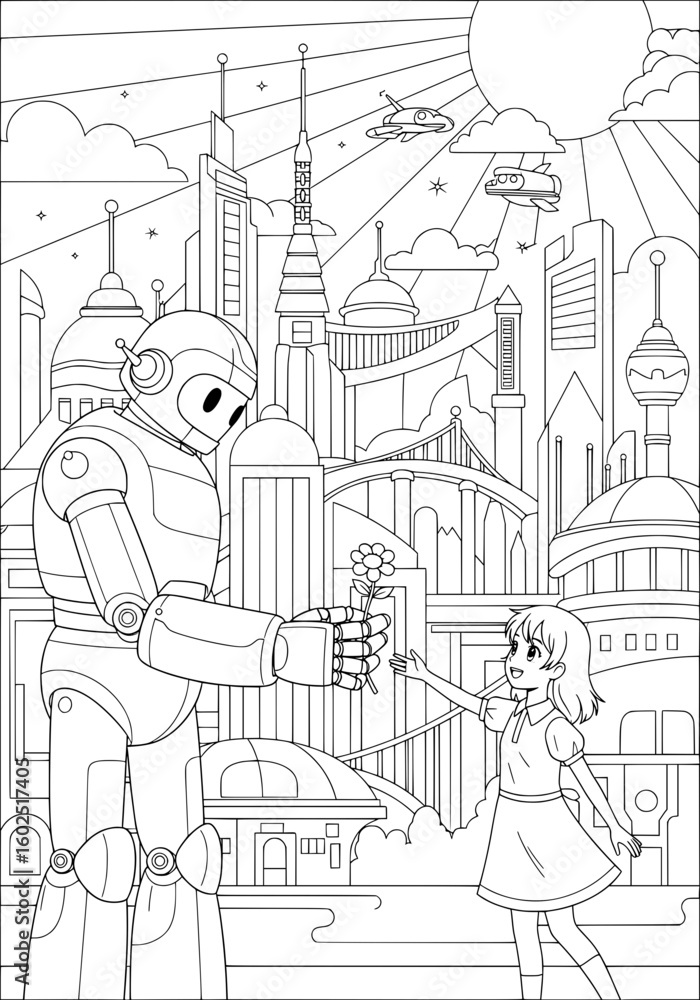 Fototapeta premium The robot gives the girl a flower. anime style. coloring book