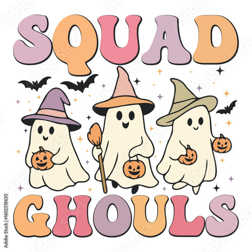 Squad Ghouls - Retro Spooky Halloween T-shirt Vector, Cute Ghost Halloween Illustration, Retro Kawaii Ghoul Clipart, Spooky Season Saying 