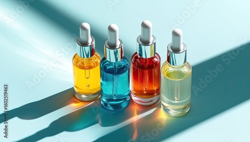 Four colorful dropper bottles on a light teal surface