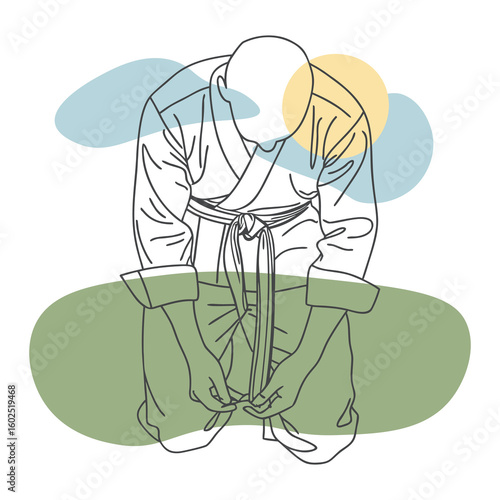 Martial Artist Tying Belt – Minimalist Line Art Illustration with Abstract Shapes
