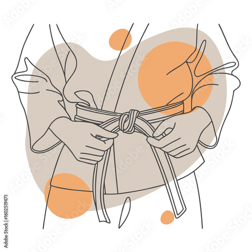 Close-Up of Martial Artist Tying Belt – Minimalist Line Art with Abstract Background
