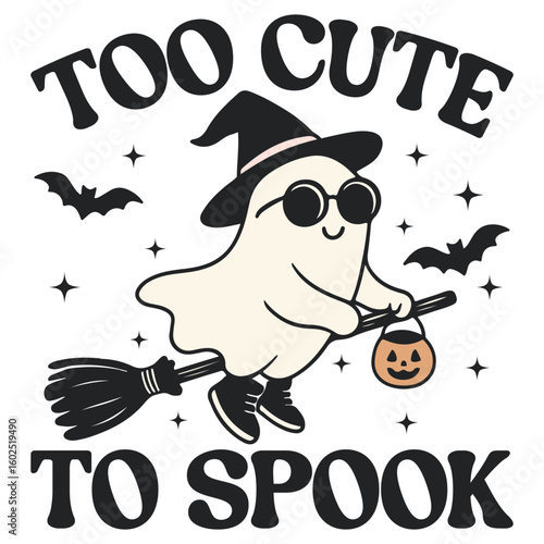 Too Cute To Spook - Retro Spooky Halloween T-shirt Vector, Cute Ghost Halloween Illustration, Retro Kawaii Ghoul Clipart, Spooky Season Saying 