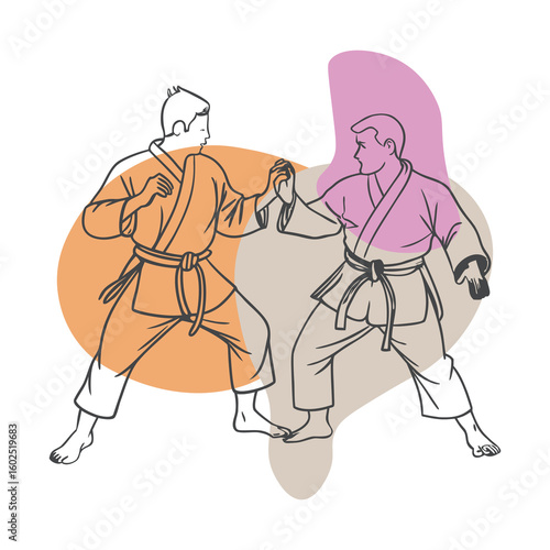 Martial Artists in Combat Stance – Minimalist Line Art with Colorful Abstract Shapes

