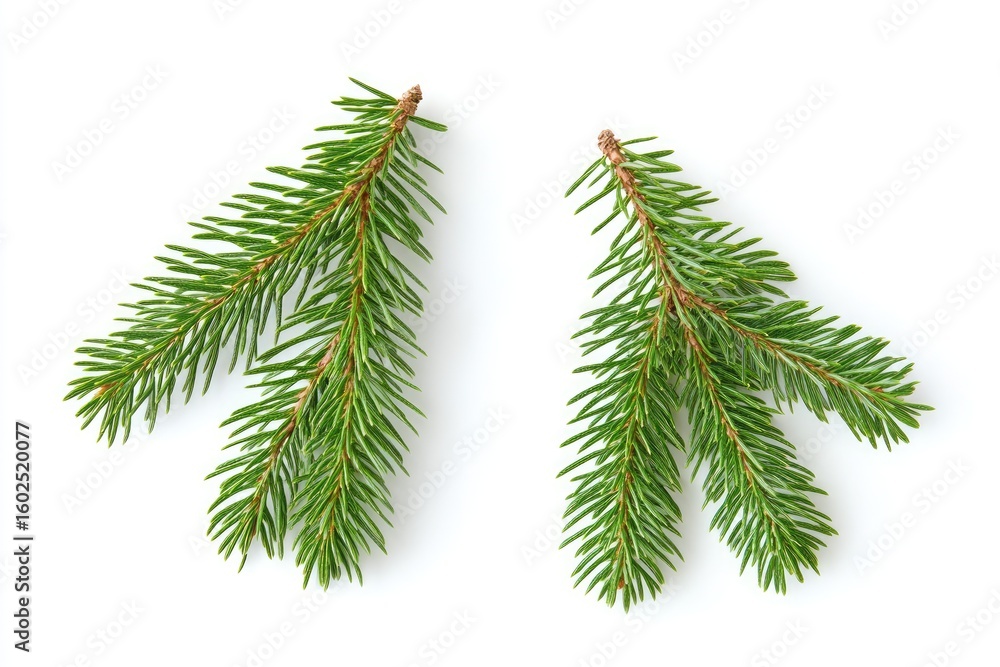 Naklejka premium Two sprigs of evergreen, vibrant green needles