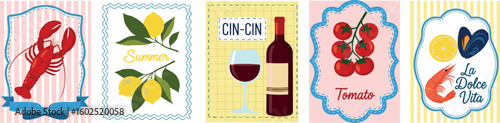 Set of abstract food posters. Mediterranean cuisine. Hand drawn lemons, lobster, tomato, wine, shrimp.
