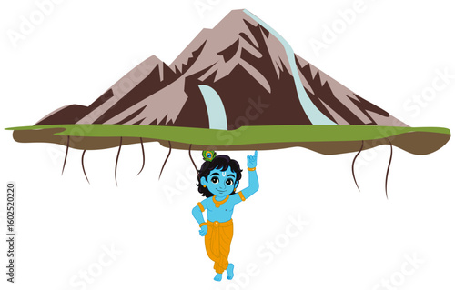 Lord Krishna Lifting Govardhan Hill Illustration