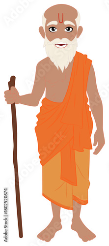 Old Indian Sage Monk With Stick Vector