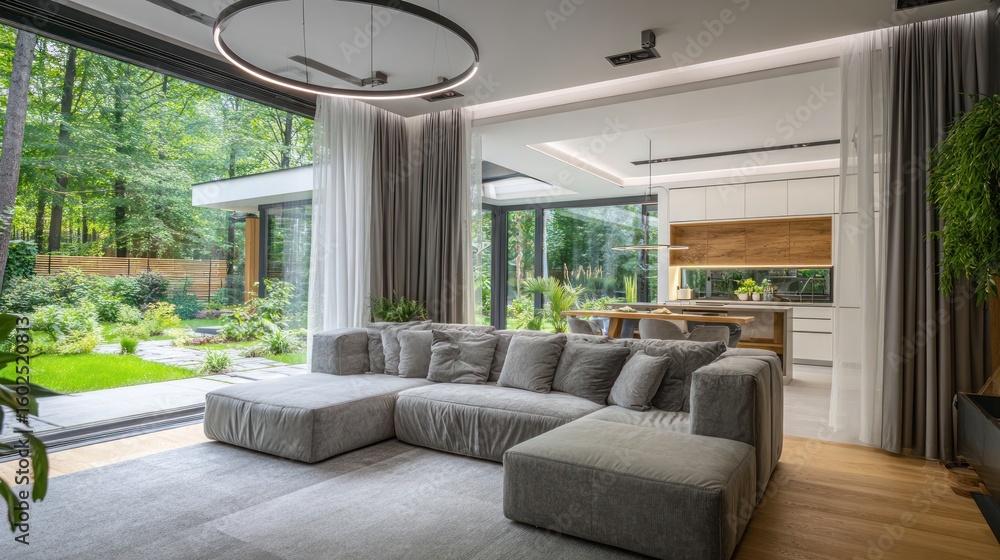 Fototapeta premium Modern open-plan living area with garden views