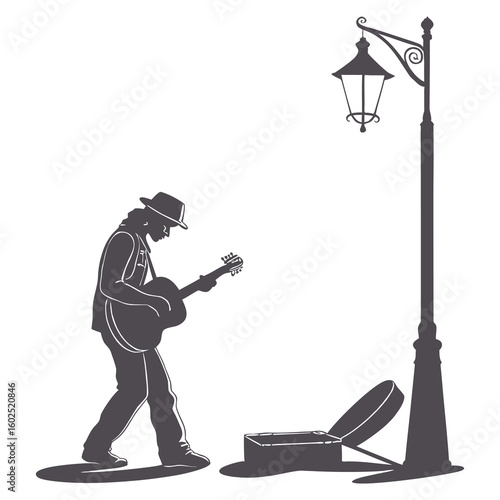 Street Guitarist Silhouette Performing Under Vintage Lamp Post
