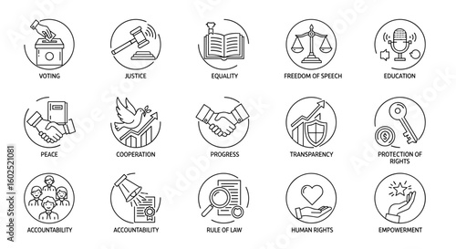 A collection of simple line icons representing fundamental concepts such as justice, equality, freedom of speech, education, peace, cooperation, progress, transparency, protection