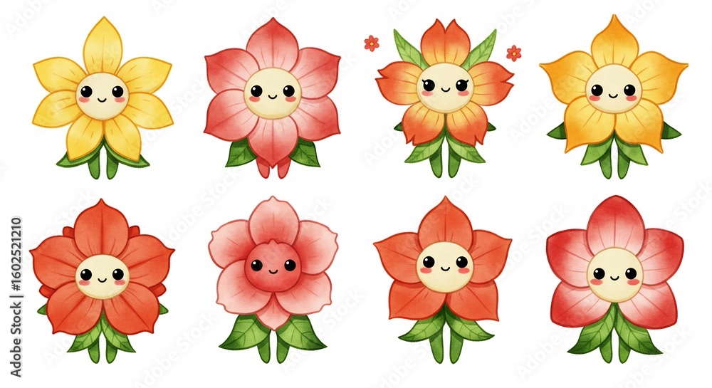 Naklejka premium Adorable Kawaii Flower Friends: Watercolor Print Set