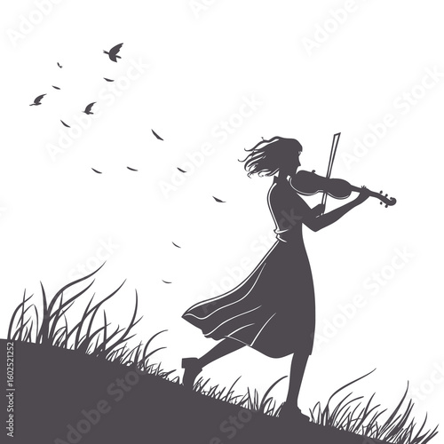 Silhouette of Girl Playing Violin on Hill with Birds Flying
