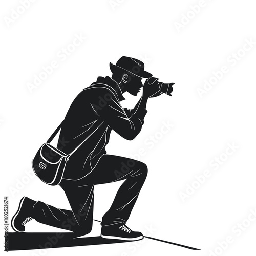 Silhouette of Male Photographer Kneeling While Taking Photo with Camera  
