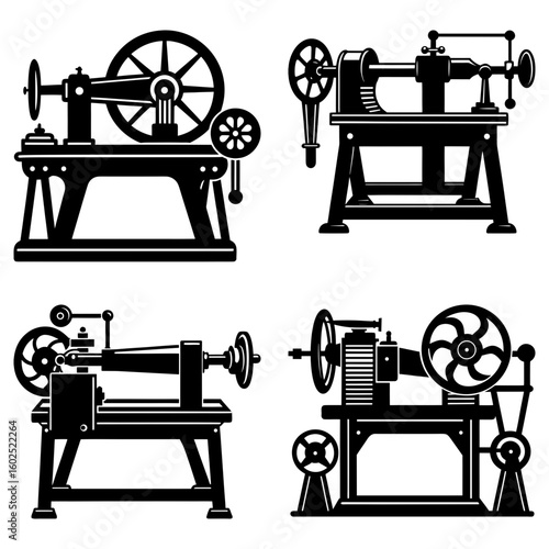 Illustration showing four different vintage lathe machines in a black and white vector format design