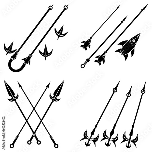Collection of black and white images featuring hooks rockets and spears in various arrangements and styles