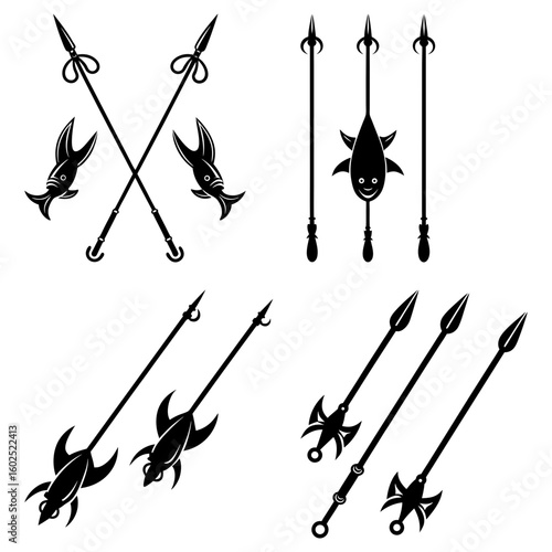 Various spear designs including crossed spears and spears with fish and decorative elements shown