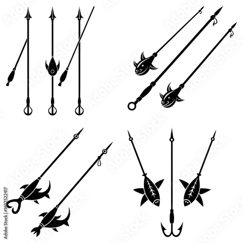 Collection of black and white fishing spear designs with decorative fish and hook elements arranged neatly