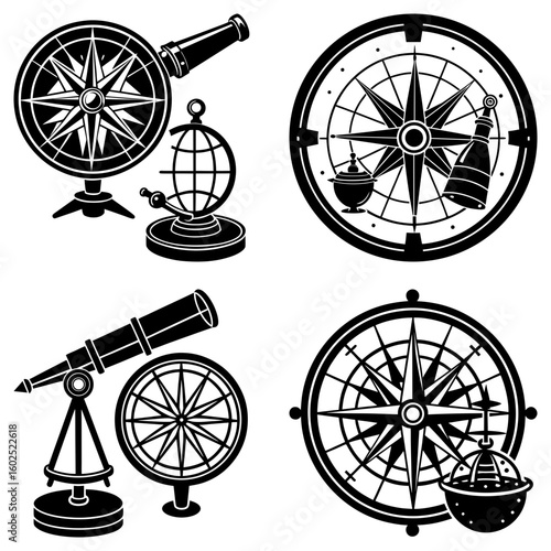 Collection of black and white nautical themed illustrations featuring compasses and telescopes on white