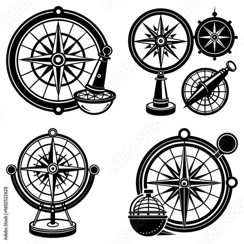 Collection of vintage compasses and nautical instruments in black and white vector illustration set