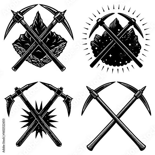 Four black and white designs featuring crossed pickaxes with various background elements in vector format